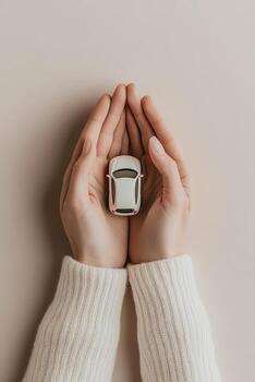 Hands gently cradle a miniature car, representing protection and care. The scene is set against a soft beige background, illuminated by natural light, creating a warm and inviting ambiance photo