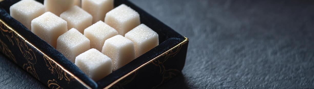 This luxurious product display showcases handcrafted sugar cubes arranged neatly in a velvet-lined box, accented with gold foil detailing. An elegant addition to any table setting photo