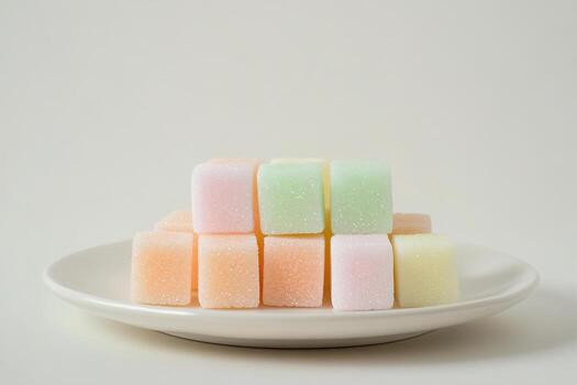 Pastel-colored sugar cubes create an artistic display on a matte ceramic plate, adding a playful touch to the clean white backdrop, ideal for inviting text overlays photo