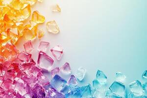 Vibrant sugar crystals scatter artistically, forming intricate geometric patterns on a smooth pastel canvas. The design offers ample space for text overlay, enhancing visual appeal photo