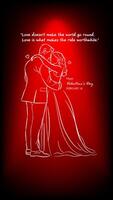A romantic Valentine Day card featuring an elegant line-art illustration of a couple embracing, set against a vibrant red gradient background. vector