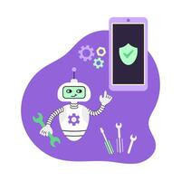 AI Robot assistant holds wrench and points at smartphone. Concept of digital security and technical support. Isolated illustration. vector