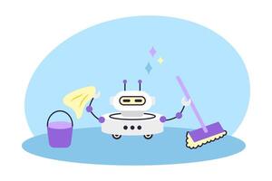 Cute Robot holds bucket and mop. Artificial intelligence robot assistant. Cleaning and smart home concept. Isolated illustration. vector