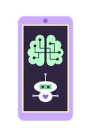 Robot and Brain with chips on the smartphone screen. Concept of health and artificial intelligence. Isolated illustration. vector