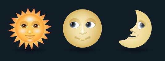 Sun with smiling face, half and full moon face emoji illustration isolated on dark background vector