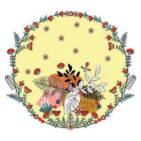 Circular floral frame with a yellow background and a central abstract foliage design. vector