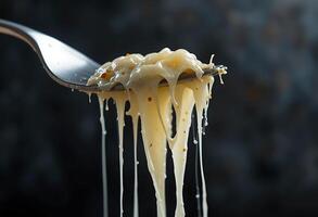 Melting Creamy Cheese Sauce Dripping From Fork Dark Background photo