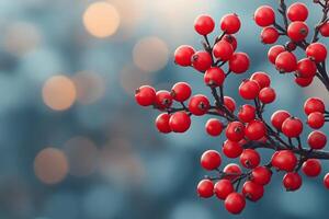 Red Berries on a Branch with Soft Bokeh Background for Nature-Themed Decor photo