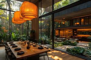 Luxurious Forest Retreat Dining Room with Panoramic Glass Walls in Tropical Setting photo