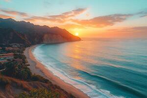 Serene Coastal Sunset Over Tranquil Beach with Mountain Backdrop photo