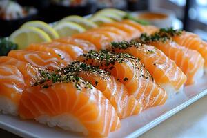 Fresh Salmon Sushi Sashimi Display with Garnish - Ideal for Culinary and Food Blogs photo