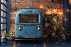 Vintage Blue Camper Display with Rustic Brick Background and Ambient Lighting photo