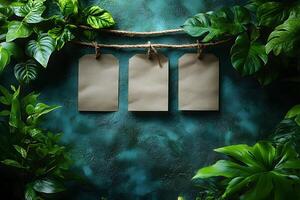 Nature-Inspired Design with Blank Tags on Textured Green Background for Creative Projects photo