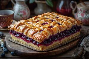 Homemade Blueberry Pie with Golden Lattice Crust on Rustic Table Setting photo