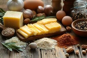 Rustic Culinary Ingredients Arrangement with Cheese and Herbs for Cooking Inspiration photo