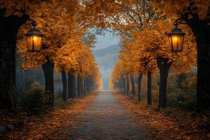 Enchanting Autumn Pathway with Glowing Lamps for Seasonal Tranquility and Scenic Designs photo
