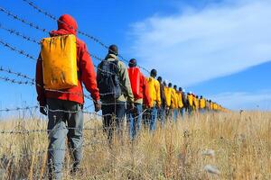 Migration Journey Walking Along Barbed Wire Fence in Open Grasslands photo