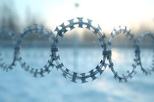 Close-Up of Circular Razor Wire Against Blurred Winter Background for Security Themes photo