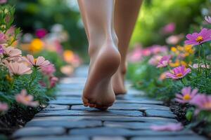 Serene Barefoot Walk on Cobblestone Path Surrounded by Vibrant Flowers photo