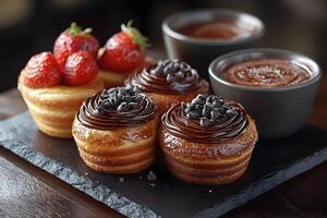Gourmet Chocolate Muffins and Strawberry Tarts with Rich Chocolate Sauce for Dessert or Cafe Menu Design photo