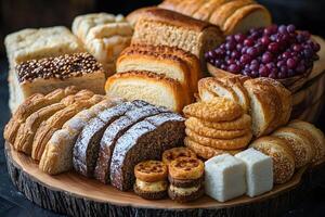 Assorted Baked Goods and Fresh Grapes on Rustic Wooden Platter for Decorative Food Design photo