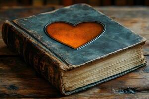 Vintage Book with Heart Cutout on Wooden Table - Symbol of Love and Knowledge photo