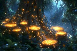 Magical Forest with Glowing Tree Stumps - Enchanted Nature Scene for Fantasy Design photo