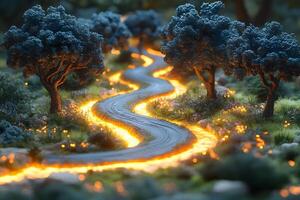Magical Curved Forest Path Illuminated by Glowing Light for Enchanting Landscape Design photo
