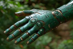 Futuristic Robotic Hand with Green Armor - Concept of Advanced Technology and Artificial Intelligence photo