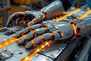 Futuristic Robotic Hands with Glowing Technology for Innovation and Automation Design photo