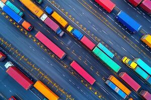 Aerial View of Vibrant Shipping Containers in Motion at Busy Port for Logistics photo