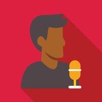 Journalist speaking into microphone with red background vector