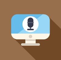 Desktop computer displaying microphone icon for audio recording and communication vector