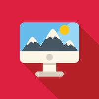 Computer screen showing snowy mountains and sun on red background vector