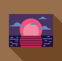 Pink sun setting over calm ocean in retro style artwork vector