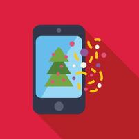 Smartphone showing christmas tree with falling confetti on red background vector