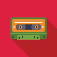 Green and orange audio cassette on red background representing nostalgia and retro music vector