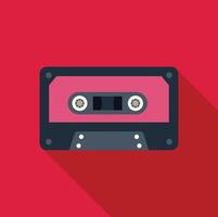 Pink audio cassette tape on red background representing nostalgia and retro music vector