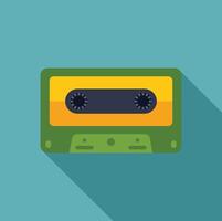 Green and yellow audio cassette casting long shadow on turquoise background vector