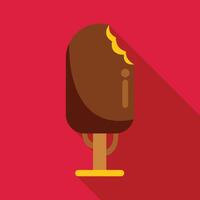 Bitten chocolate ice cream on a stick with filling on red background vector