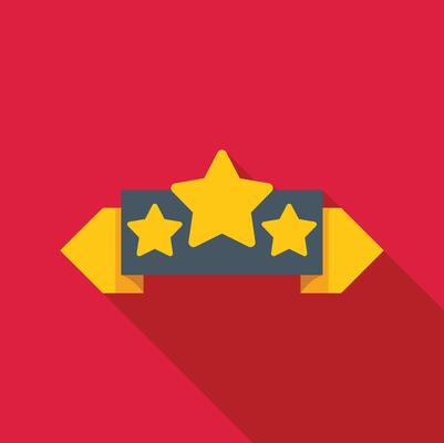 Three golden stars on a ribbon showing quality rating with long shadow