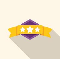 Three stars quality seal representing top rating with yellow ribbon and purple hexagon vector