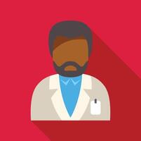 Scientist wearing lab coat and id badge on red background vector