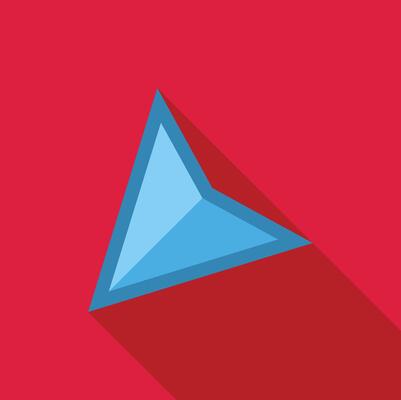 Blue triangle pointing right with long shadow on red background