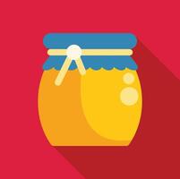 Honey jar with blue cap and ribbon on red background vector