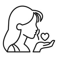 Woman blowing kiss with heart in hand, minimalist line art of love and affection vector