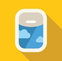 Airplane window showing blue sky and white clouds on yellow background vector
