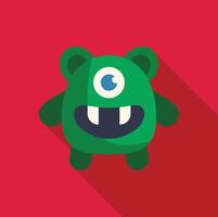 Friendly green monster smiling with one eye and two teeth on red background vector