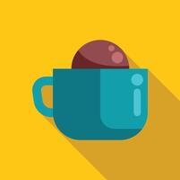 Chocolate ball falling into blue mug with handle on yellow background vector