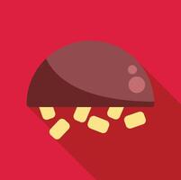 Half open chocolate candy with filling pouring out on red background vector